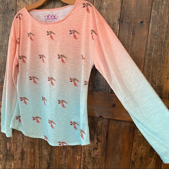 Leoma Lovegrove Sz M Orange Green Swimming Turtle Design Long Sleeve T-Shirt - Picture 5 of 10